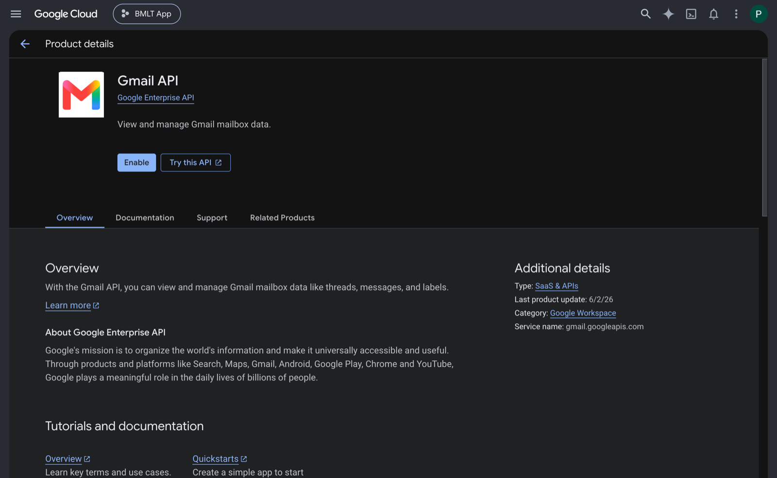 The Gmail API product page in the Google Cloud Console, with an Enable button and service name gmail.googleapis.com.