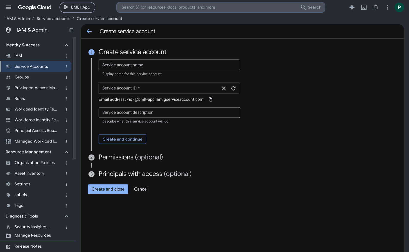 The Create service account form: a name field, the auto-generated account ID and email address, and the optional Permissions and Principals steps that can be skipped.