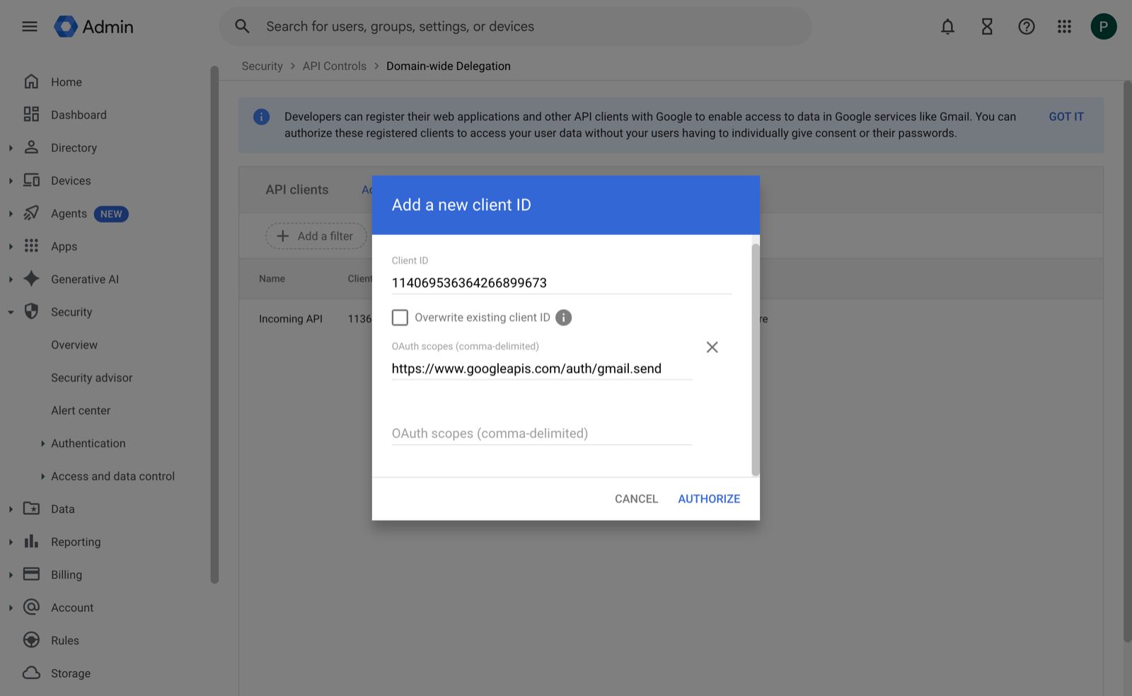 The Google Workspace Admin Console Domain-wide Delegation page with the 'Add a new client ID' dialog, showing the Client ID and OAuth scopes (comma-delimited) fields and an Authorize button.