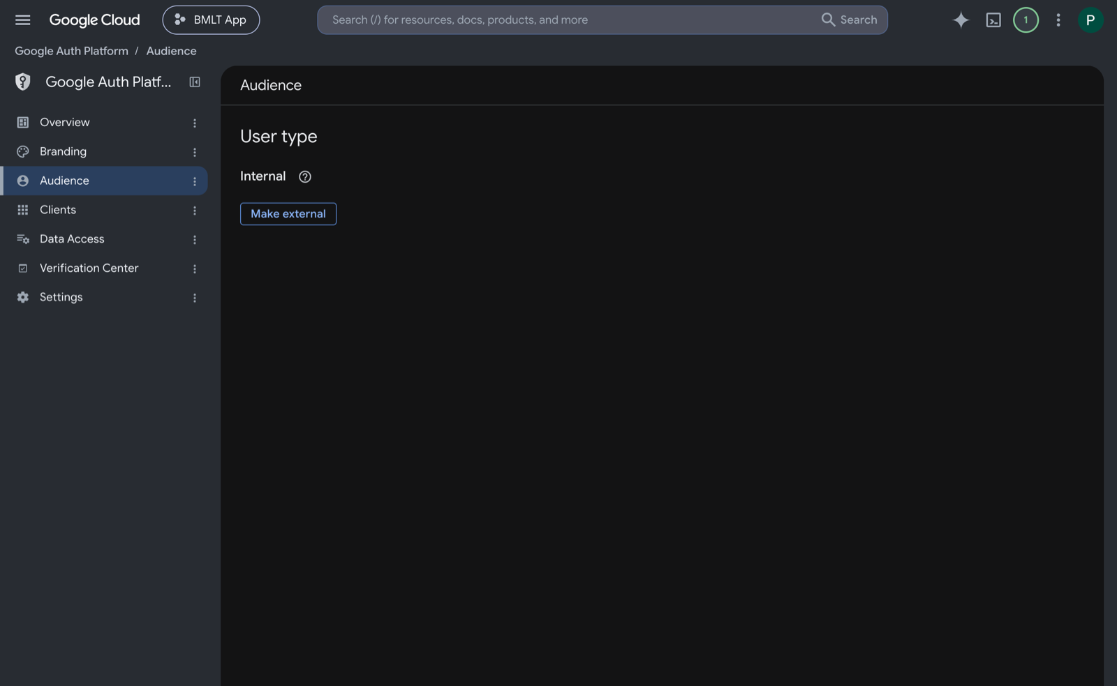 The Google Auth Platform Audience page showing User type set to Internal, with a Make external button.