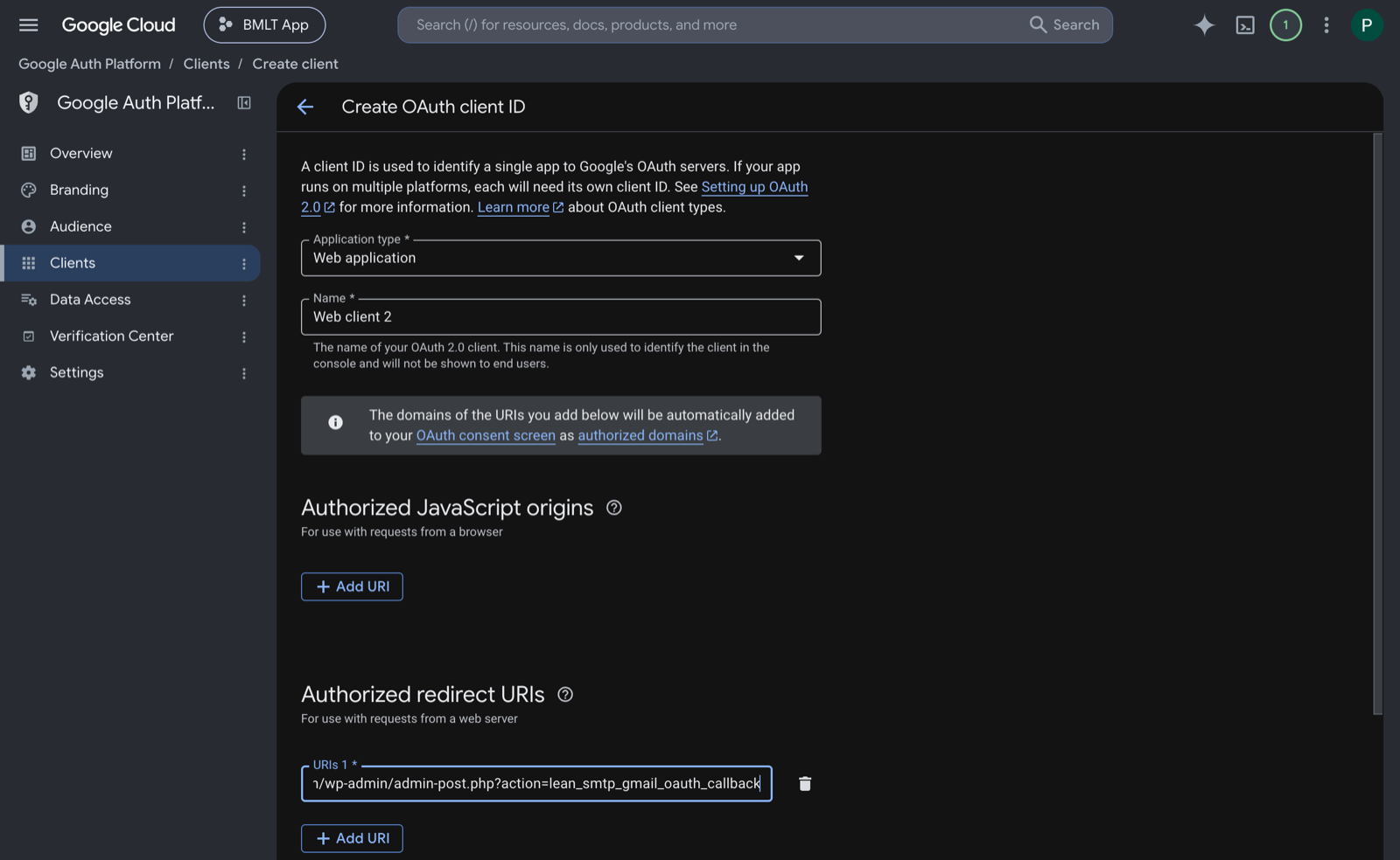 The Create OAuth client ID form with Application type set to Web application and the plugin's callback URL entered under Authorized redirect URIs.