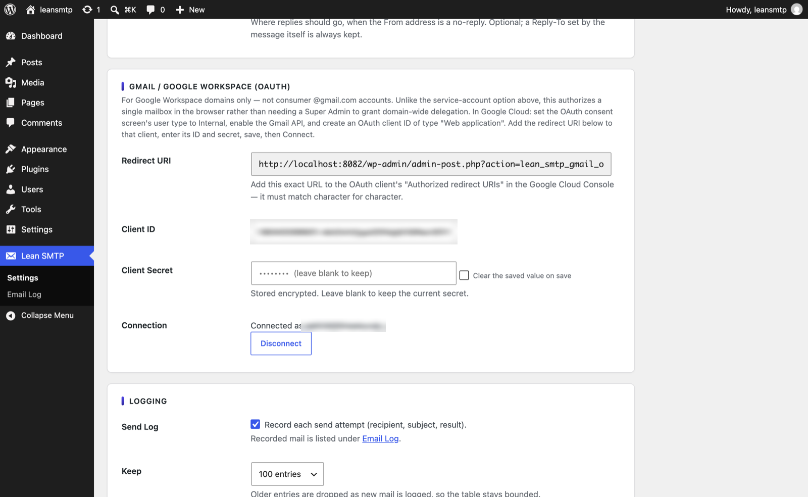 The Lean SMTP settings OAuth section: the read-only Redirect URI, Client ID and Client Secret fields, and the Connection row showing 'Connected as' with a Disconnect button.