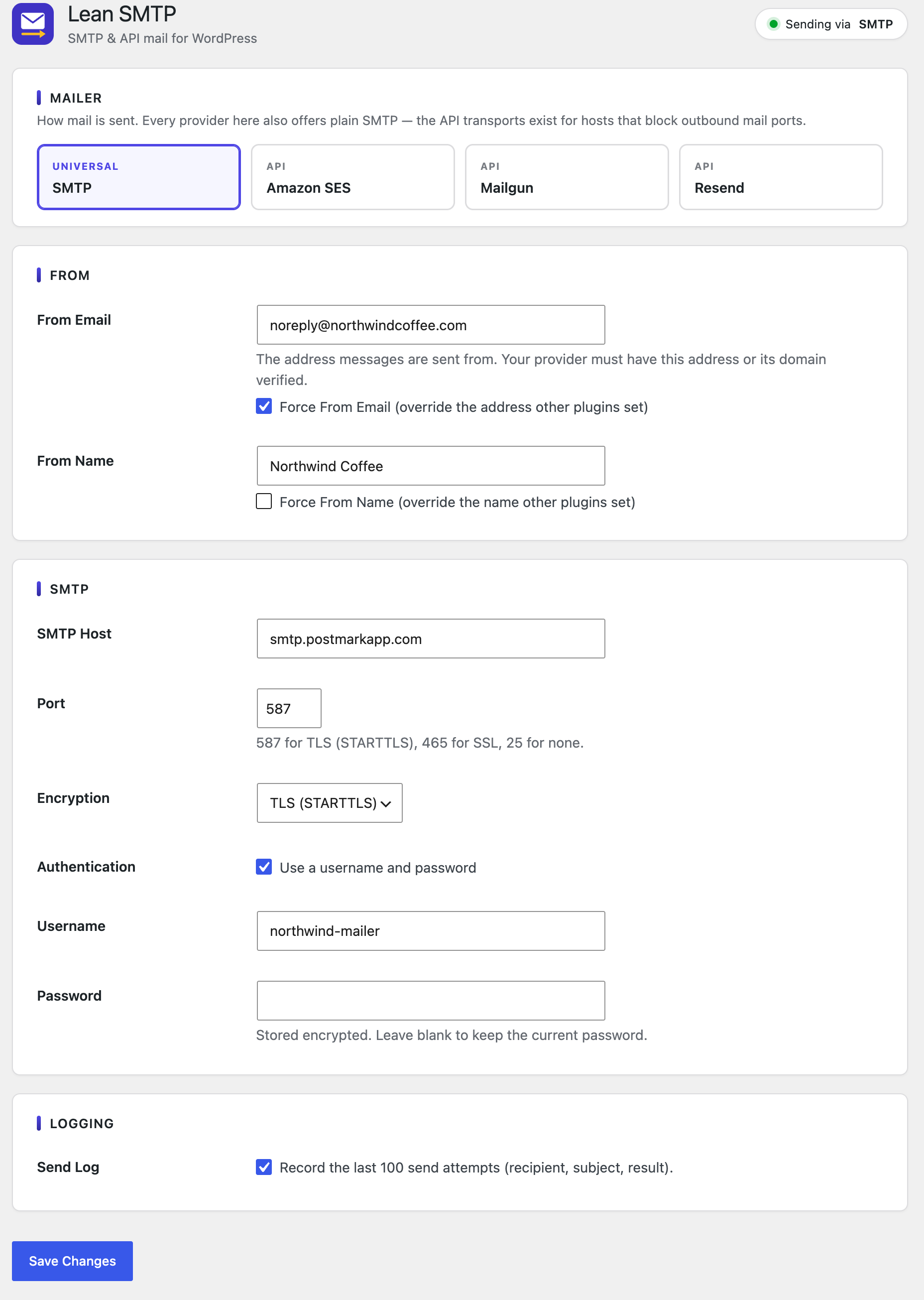 Lean SMTP settings: mailer select, From identity, and SMTP host, port, encryption and auth fields, with a failure notice at the top.