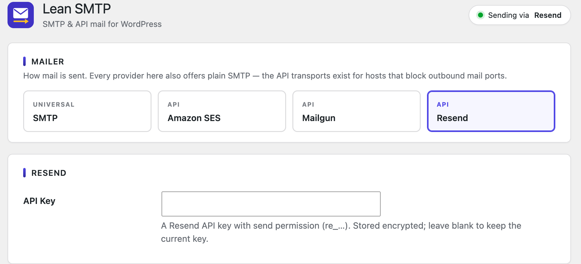 Resend settings: a single API key.