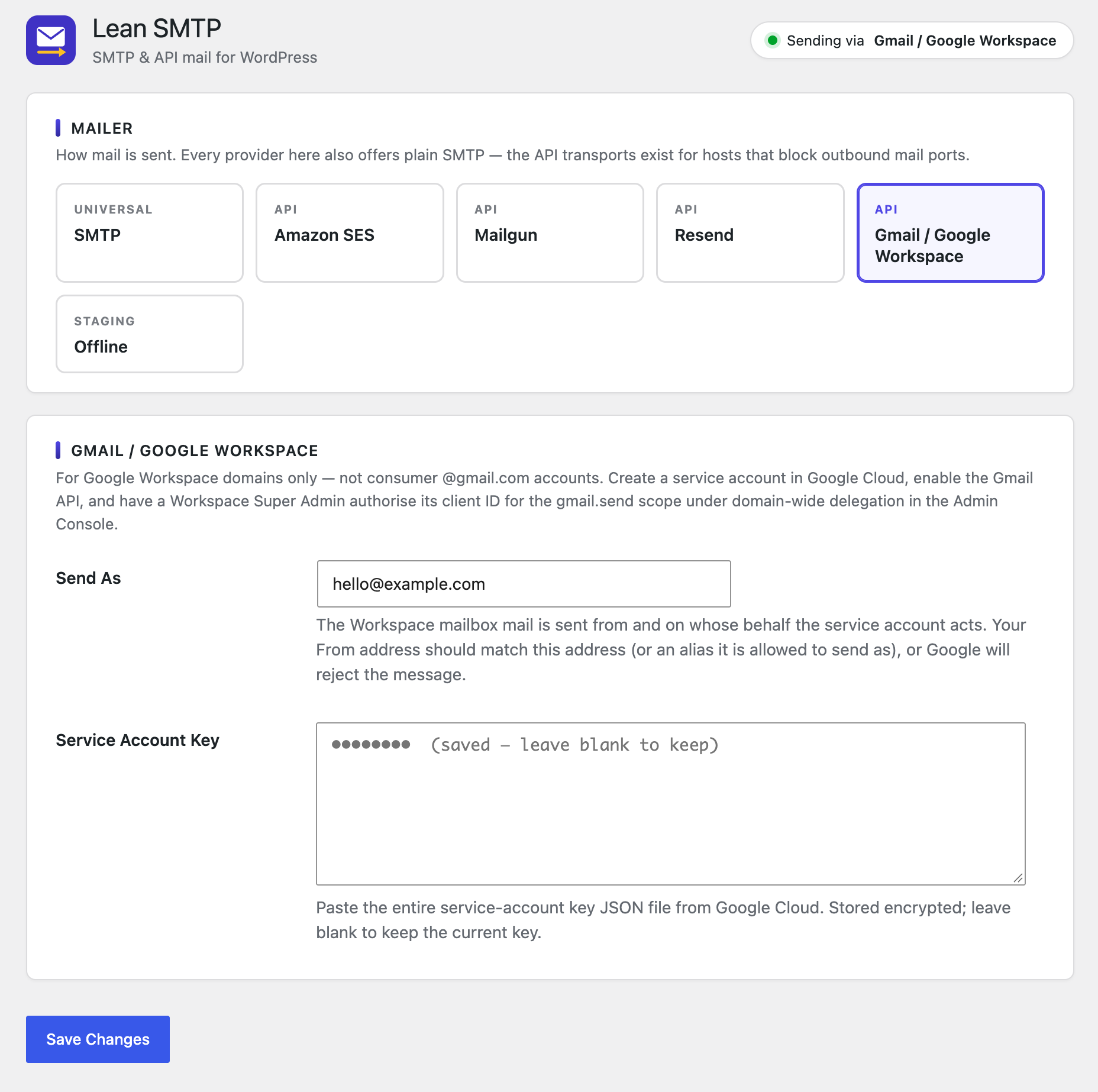 Gmail / Google Workspace settings: the Send As mailbox and the service-account key JSON, which is stored encrypted and never shown.